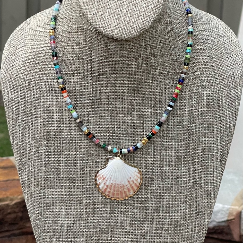 Multi Gemstone Seashell Necklace w gold accents